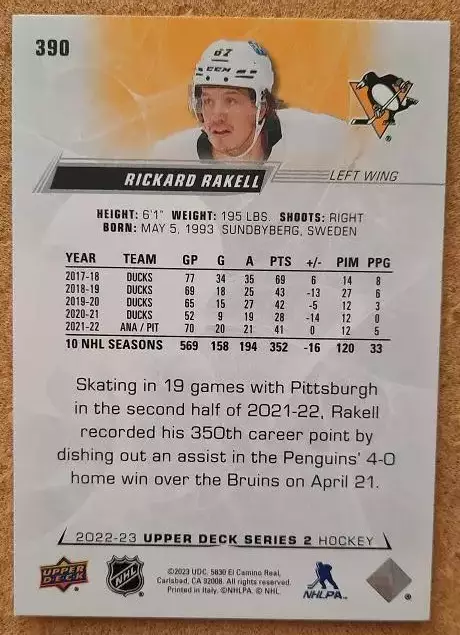 НХЛ Рикард Ракелль Питтсбург Пингвинз № 390 1