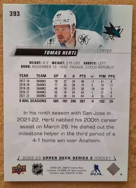 НХЛ Томаш Гертл Сан-Хосе Шаркс № 393 1