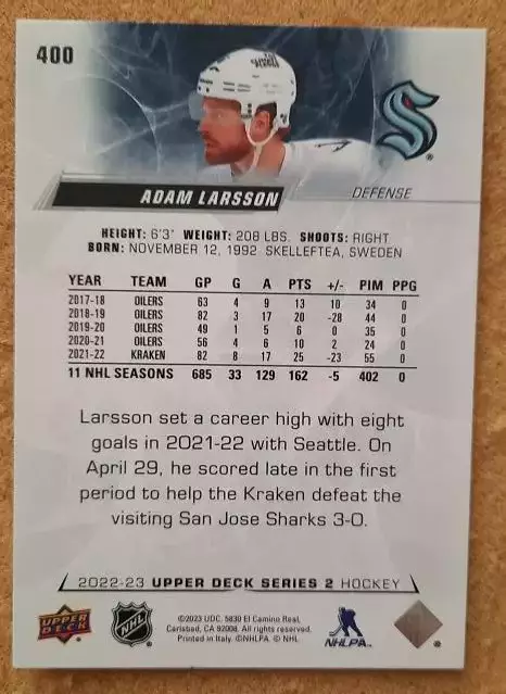 НХЛ Адам Ларссон Сиэтл Кракен № 400 1