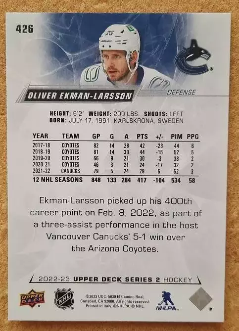 НХЛ Оливер Экман-Ларссон Ванкувер Кэнакс № 426 1