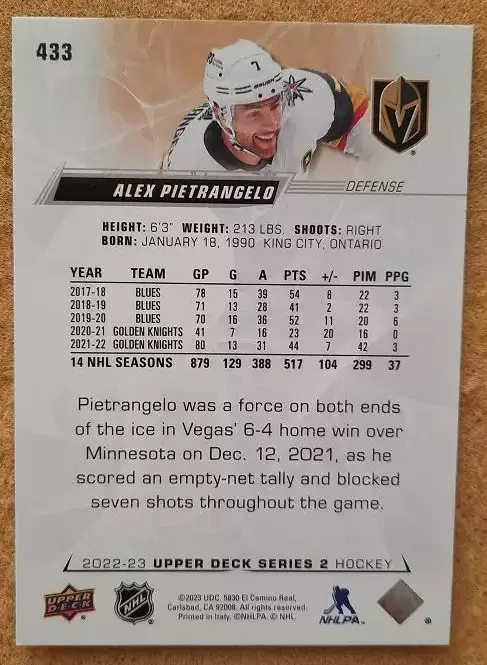 НХЛ Алекс Пьетранжело Вегас Голден Найтс № 433 1