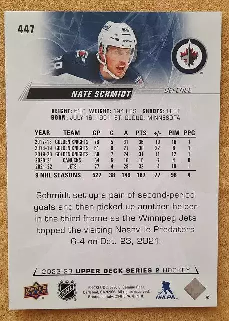 НХЛ Нэйт Шмидт Виннипег Джетс № 447 1
