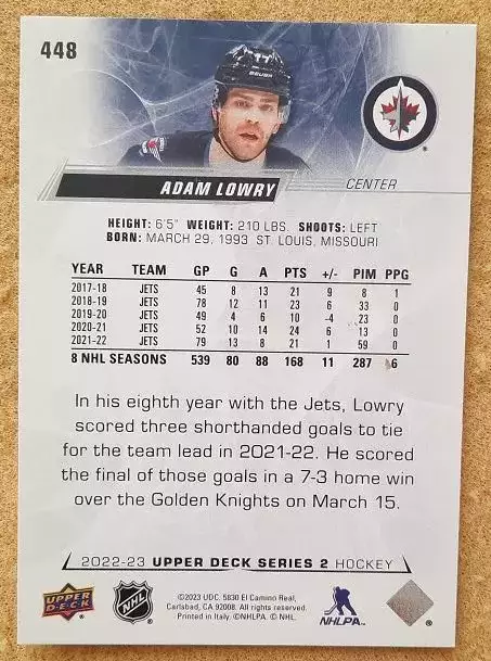 НХЛ Адам Лаури Виннипег Джетс № 448 1