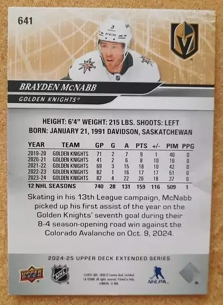 НХЛ Брэйден Макнэбб Вегас Голден Найтс № 641 1