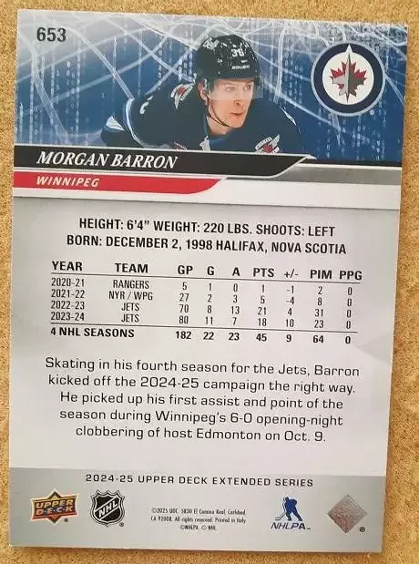 НХЛ Морган Баррон Виннипег Джетс № 653 1