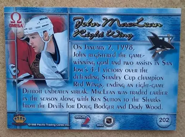 НХЛ Джон МакЛин Сан-Хосе Шаркс № 202 1