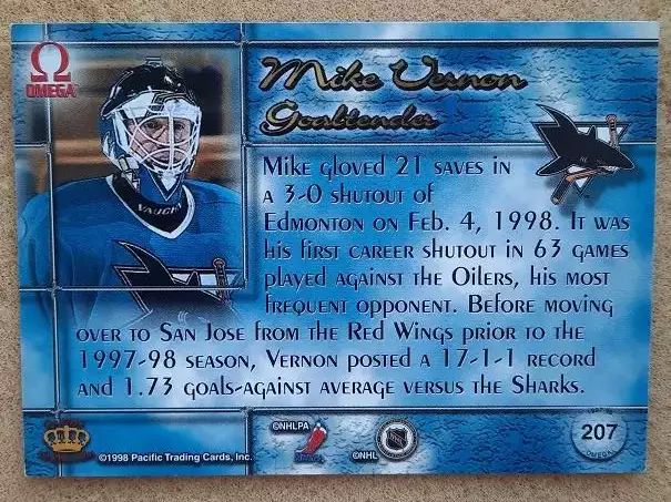 НХЛ Майк Вернон Сан-Хосе Шаркс № 207 1