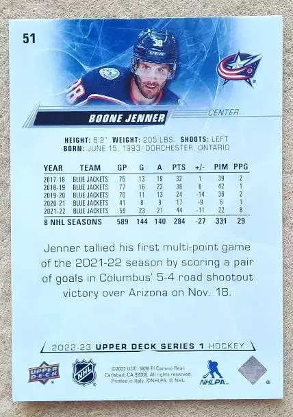 НХЛ Бун Дженнер Коламбус Блю Джекетс № 51 1