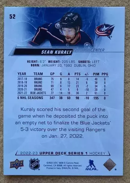 НХЛ Шон Курали Коламбус Блю Джекетс № 52 1