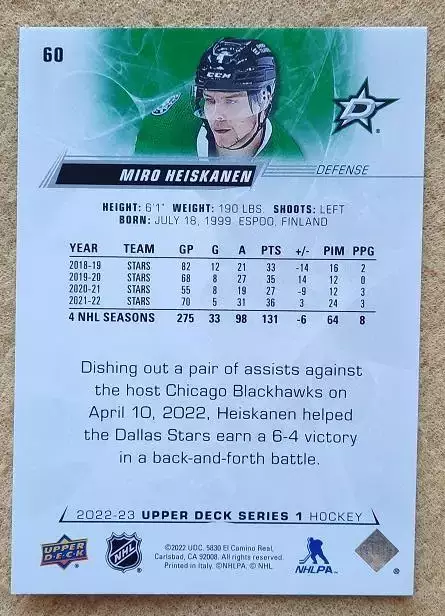 НХЛ Миро Хейсканен Даллас Старз № 60 1