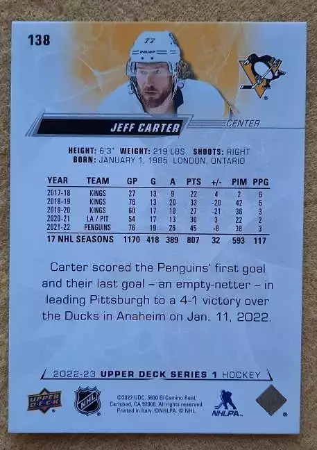 НХЛ Джефф Картер Питтсбург Пингвинз № 138 1