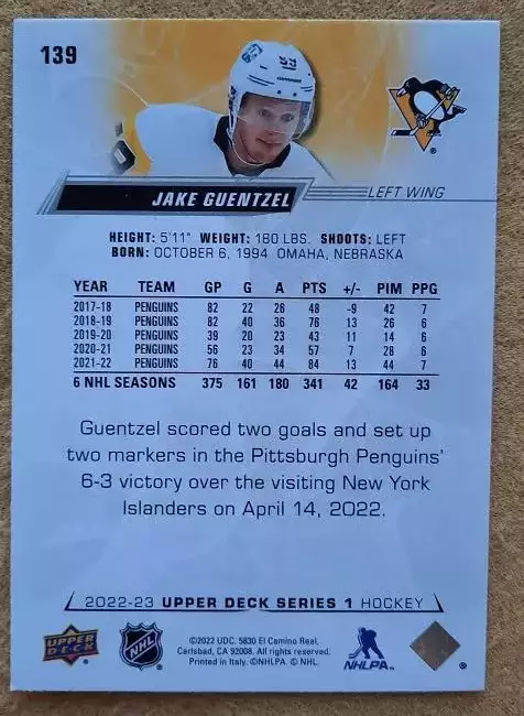НХЛ Джейк Генцел Питтсбург Пингвинз № 139 1