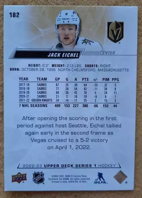 НХЛ Джек Айкел Вегас Голден Найтс № 182 1