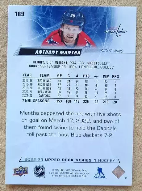 НХЛ Энтони Манта Вашингтон Кэпиталз № 189 1