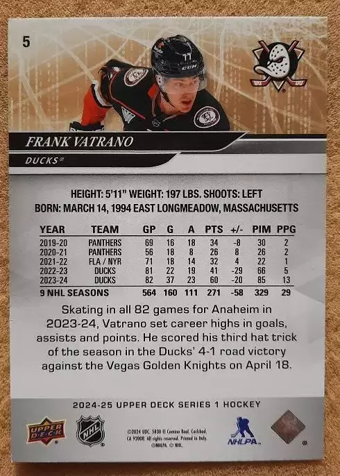 НХЛ Фрэнк Ватрано Анахайм Дакс № 5 1