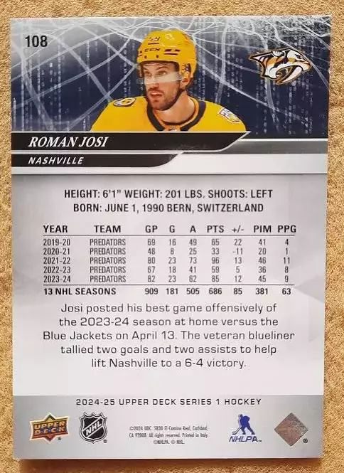 НХЛ Роман Йоси Нэшвилл Предаторз № 108 1