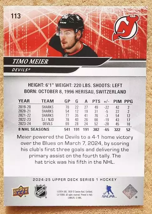 НХЛ Тимо Майер Нью-Джерси Дэвилз № 113 1