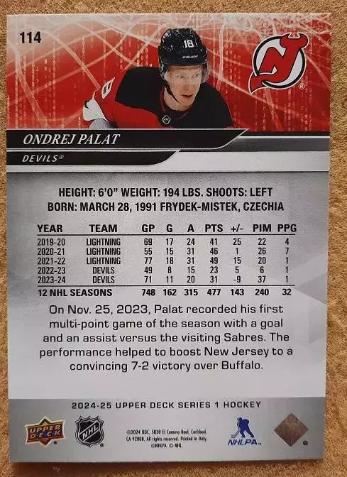 НХЛ Ондржей Палат Нью-Джерси Дэвилз № 114 1
