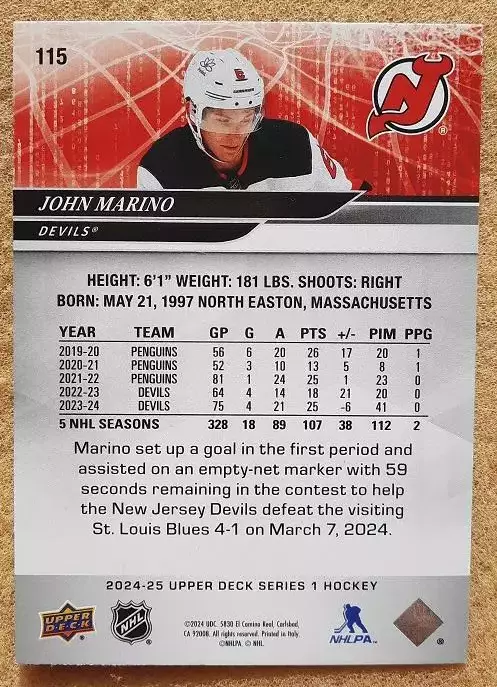 НХЛ Джон Марино Нью-Джерси Дэвилз № 115 1