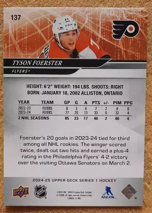 НХЛ Тайсон Фёрстер Филадельфия Флайерз № 137 1