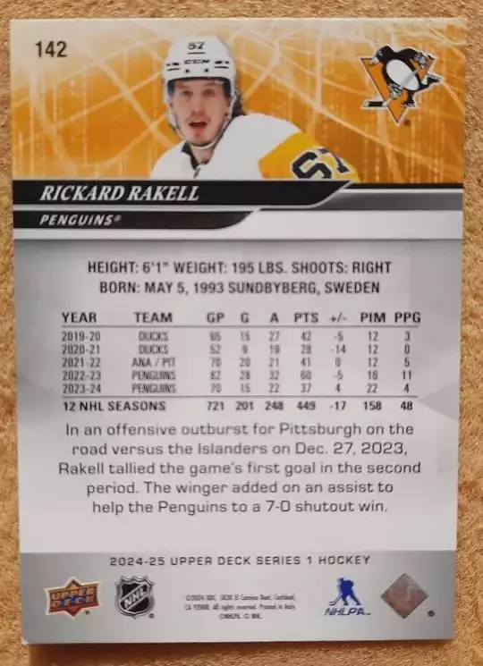 НХЛ Рикард Ракелль Питтсбург Пингвинз № 142 1