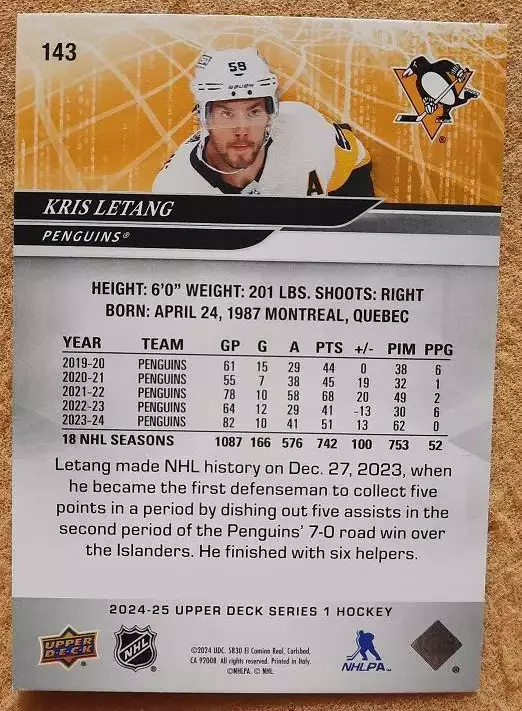 НХЛ Крис Летанг Питтсбург Пингвинз № 143 1