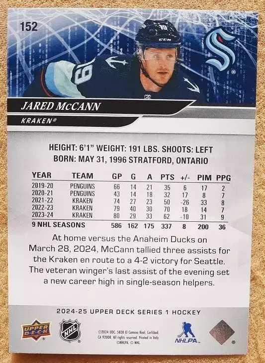 НХЛ Джаред Макканн Сиэтл Кракен № 152 1