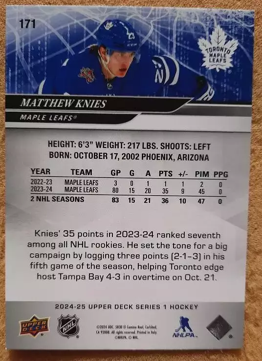 НХЛ Мэттью Найз Торонто Мэйпл Лифс № 171 1