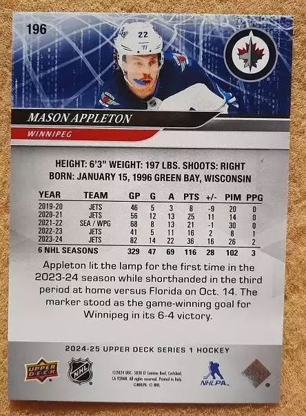 НХЛ Мейсон Эпплтон Виннипег Джетс № 196 1