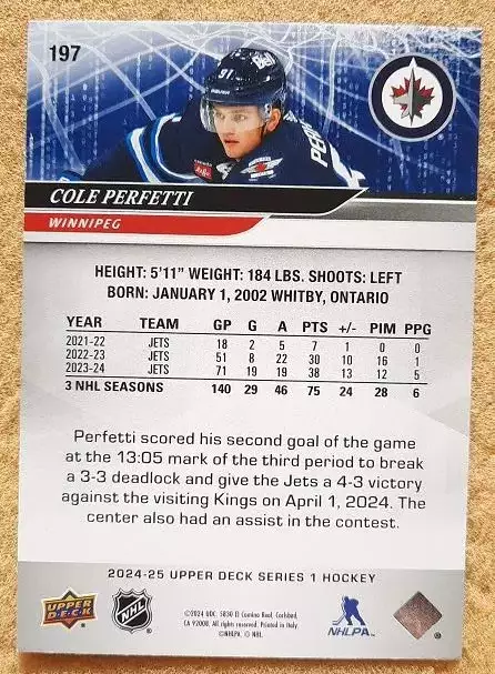 НХЛ Коул Перфетти Виннипег Джетс № 1997 1
