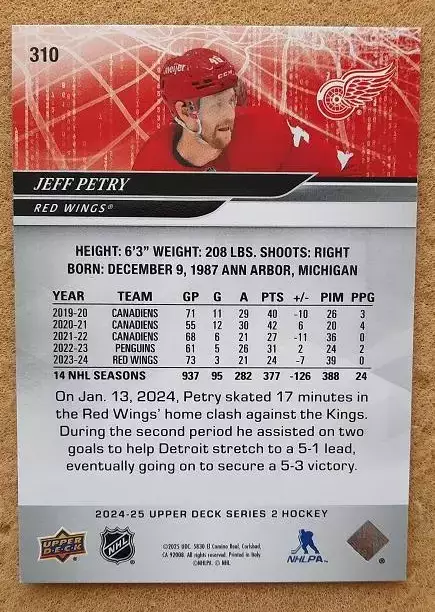 НХЛ Джефф Петри Детройт Ред Уингз № 310 1