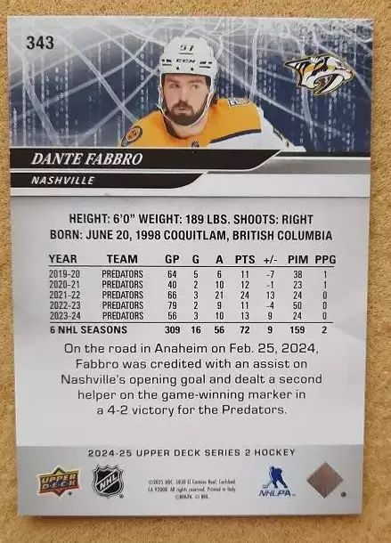 НХЛ Данте Фаббро Нэшвилл Предаторз № 343 1
