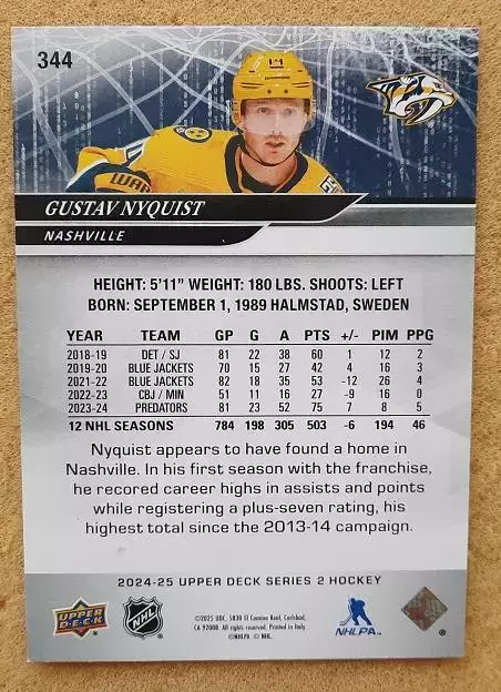 НХЛ Густав Нюквист Нэшвилл Предаторз № 344 1