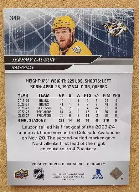 НХЛ Джереми Лозон Нэшвилл Предаторз № 349 1