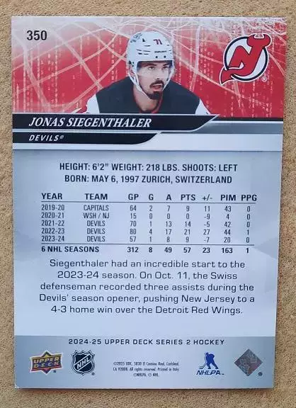 НХЛ Йонас Зигенталер Нью-Джерси Дэвилз № 350 1