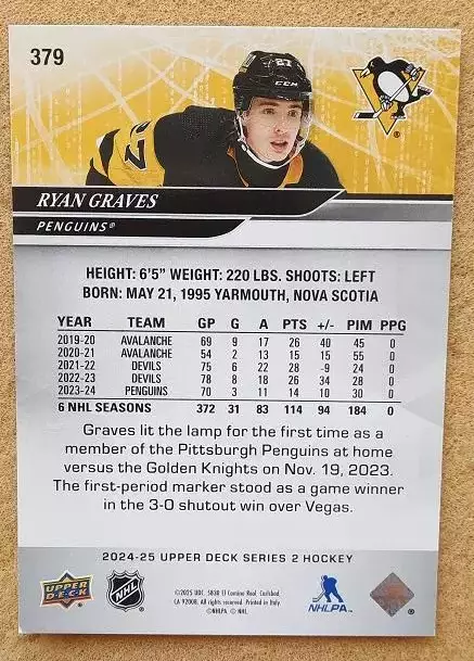 НХЛ Райан Грэйвс Питтсбург Пингвинз № 379 1