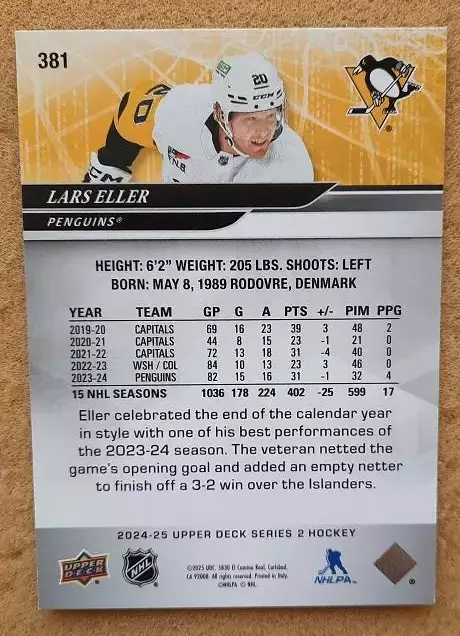 НХЛ Ларс Эллер Питтсбург Пингвинз № 381 1