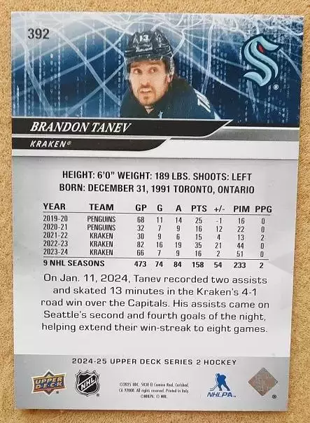 НХЛ Крис ТаневСиэтл Кракен № 392 1