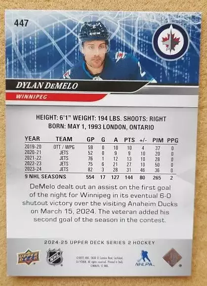 НХЛ Дилан Демело Виннипег Джетс № 447 1