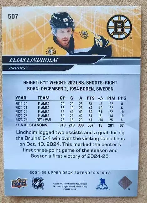 НХЛ Элиас Линдхольм Бостон Брюинз № 507 1