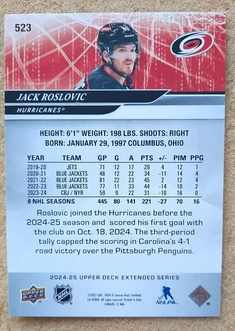 НХЛ Джек Рословик Каролина Харрикейнз № 523 1