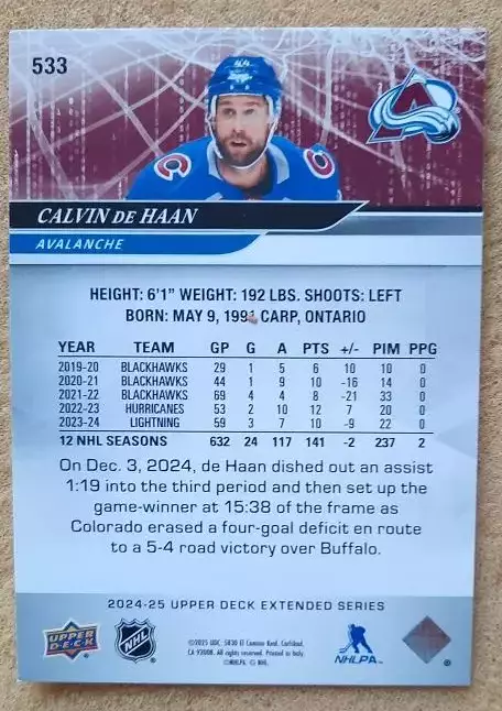 НХЛ Кэлвин Де Хаан Колорадо Эвеланш № 533 1