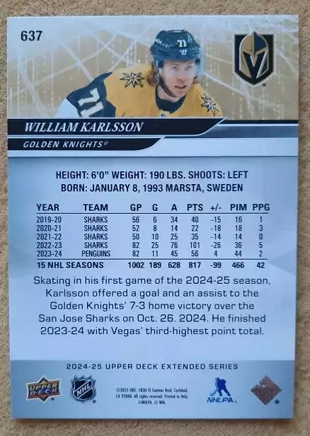 НХЛ Вильям Карлссон Вегас Голден Найтс № 637 1