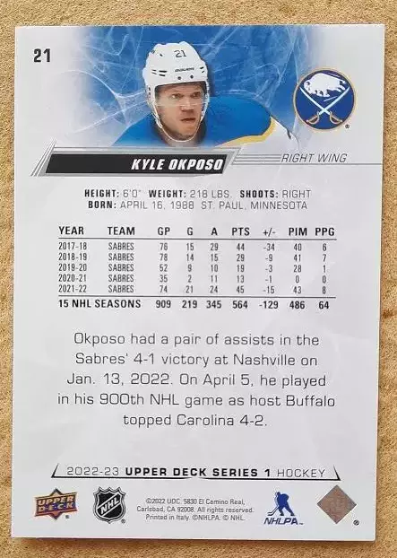 НХЛ Кайл Окпосо Баффало Сейбрз № 21 1