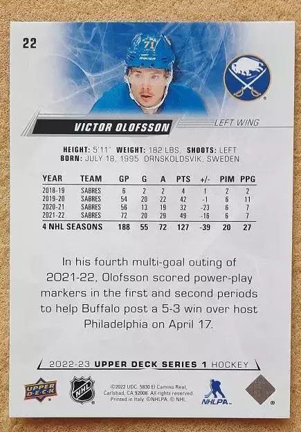 НХЛ Виктор Олофссон Баффало Сейбрз № 22 1