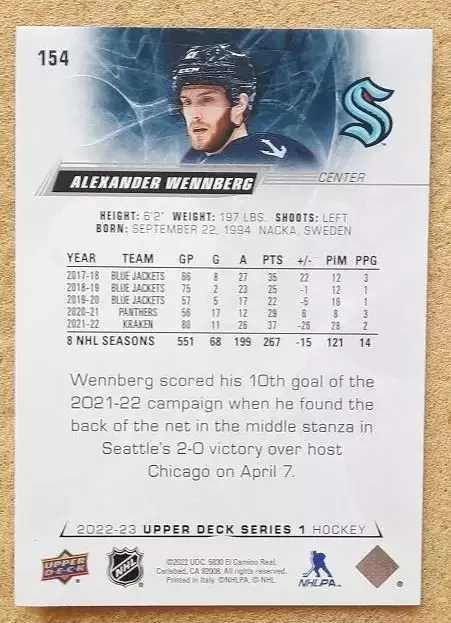 НХЛ Александр Веннберг Сиэтл Кракен № 154 1