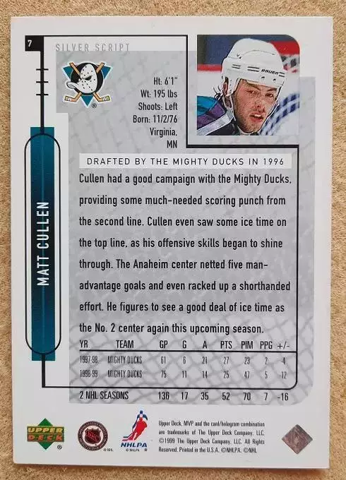 НХЛ Мэтт Каллен Анахайм Майти Дакс № 7 автограф 1