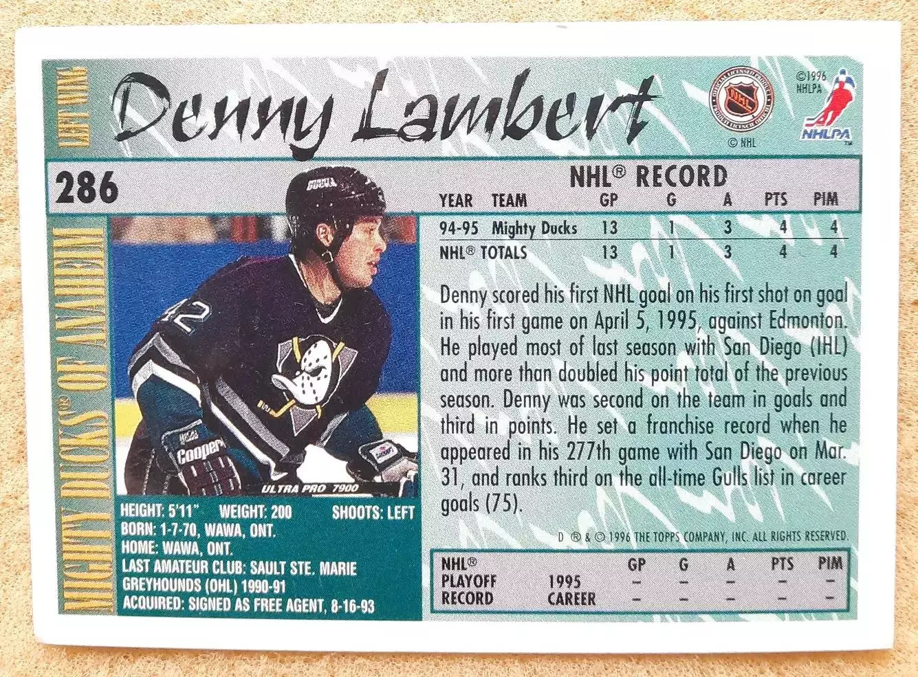 НХЛ Денни Ламберт Анахайм Майти Дакс № 286 м 1