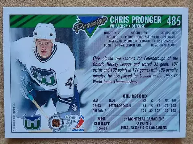 НХЛ Крис Пронгер Хартфорд Уэйлерс № 485 1