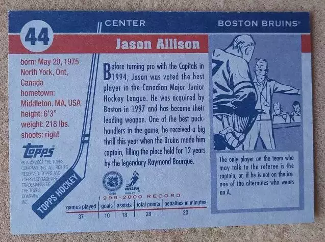 НХЛ Джейсон Аллисон Бостон Брюинз № 44 автограф 1
